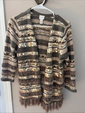 Chico's Striped Sequin & Fringe Open Cardigan in Brown and Cream